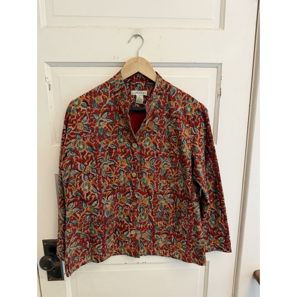 Orvis Vintage Red Floral Button Down Shirt Jacket Pockets 100% Cotton Size Small